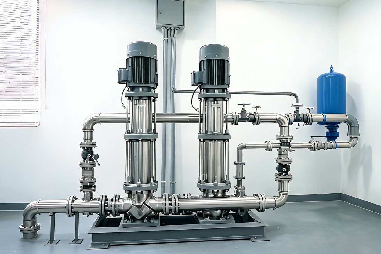 Two vertical multistage booster pumps side by side on a shared base frame in a villa plant room in Thailand, connected by stainless steel headers with valves, with a blue pressure vessel beside the set