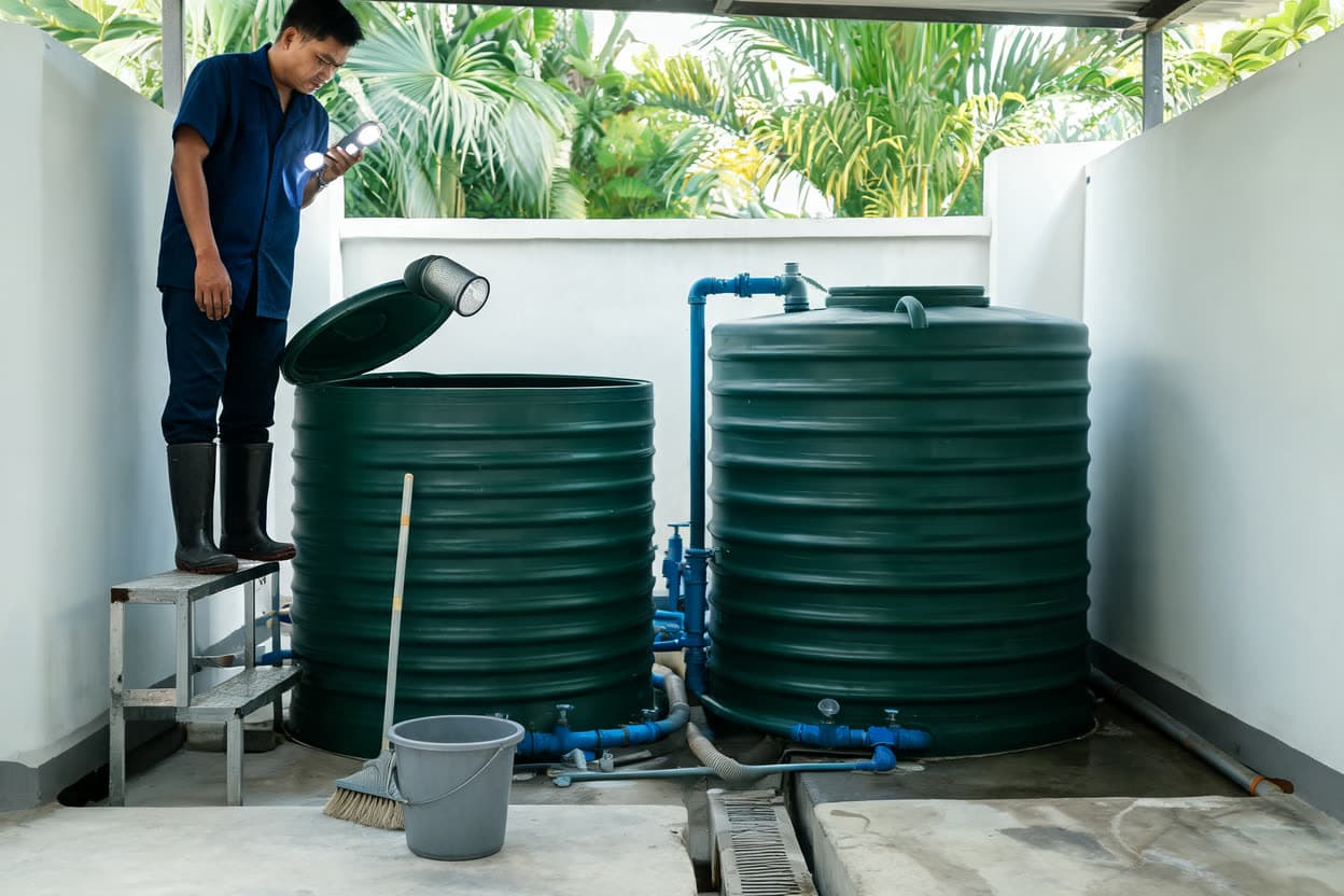 Technician on a step platform shining a torch into an open green water tank from outside, with a brush, bucket and drain channel on the slab, in a covered villa service yard on Koh Samui