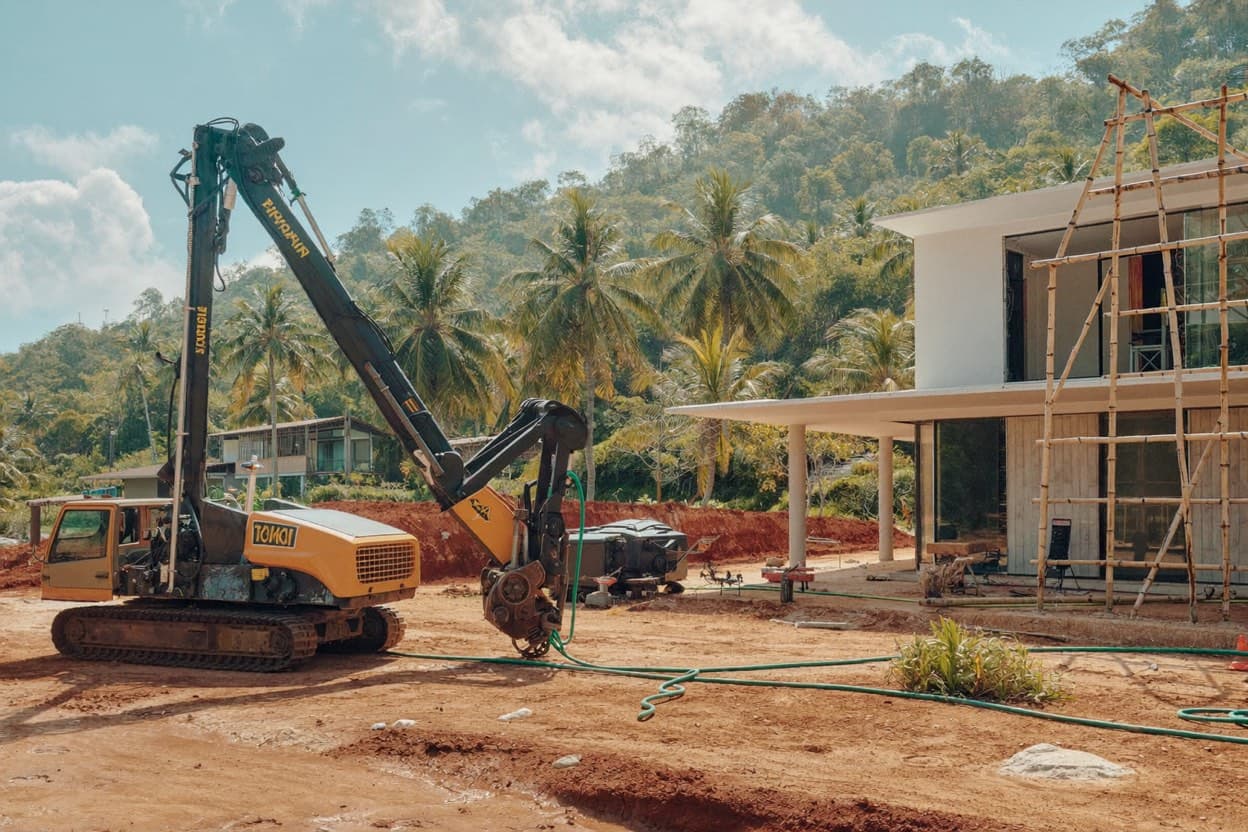 รถเจาะบ่อบาดาลยกเสากระโดงทำงานข้างวิลล่าที่กำลังก่อสร้างบนเกาะสมุย