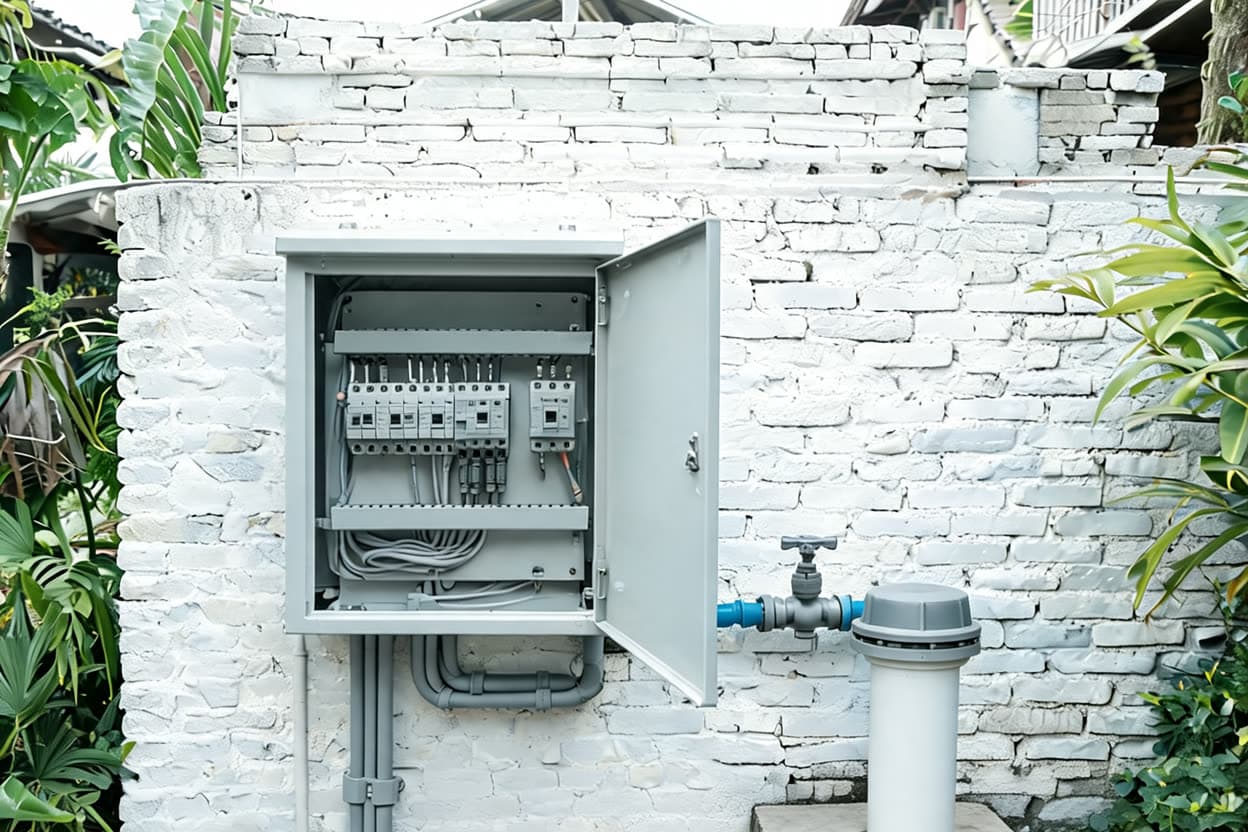 Open pump control enclosure with breakers, a contactor and tidy wiring on a villa utility wall in Thailand, beside a capped borehole casing with its blue discharge pipe